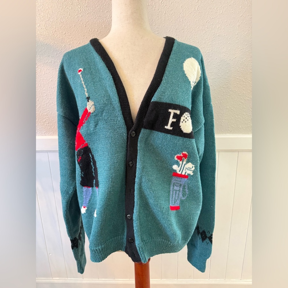 Golf Themed Knit Cardigan Sweater Men's Large Grandpa Button Up 90s Golfing - Picture 11 of 13
